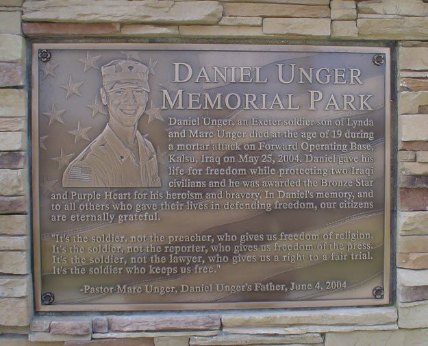 Memorial plaque in honor of U.S. Army Spc. Daniel Unger.