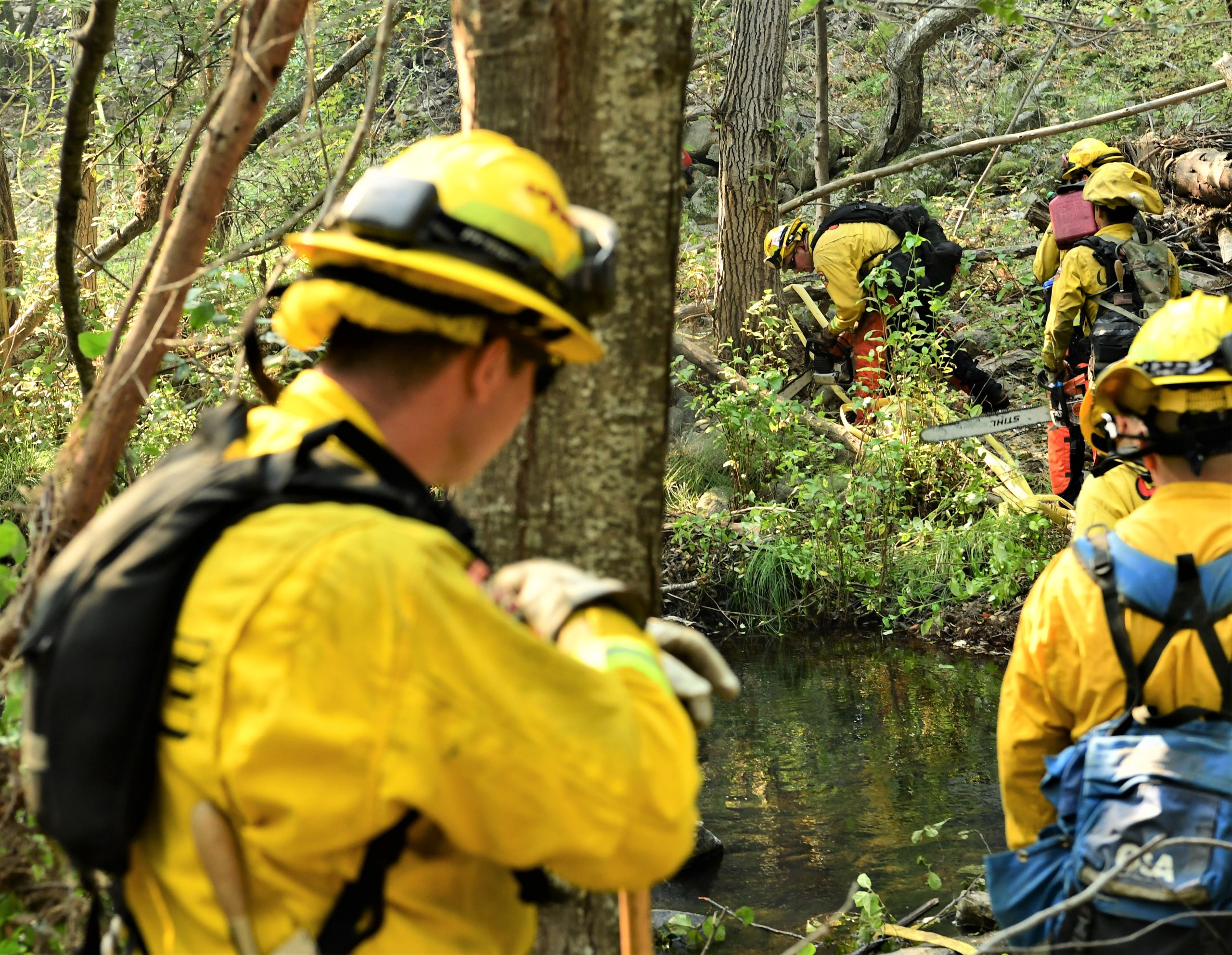 Cal Guard hand crews chainsaw debris out of the way as they create hand lines around the perimeter of the Carmel Fire.