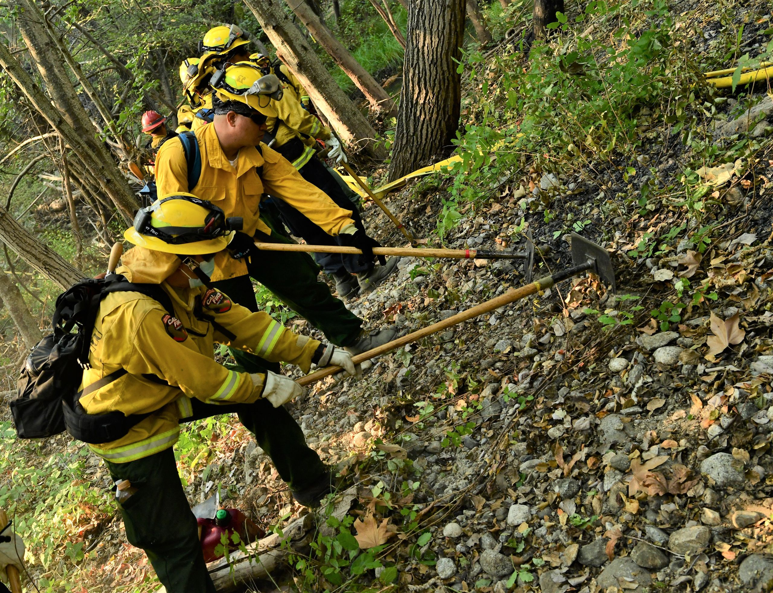 Cal Guardsmen dig into the soil with hand tools, creating a fire break around the perimeter of the Carmel Fire.